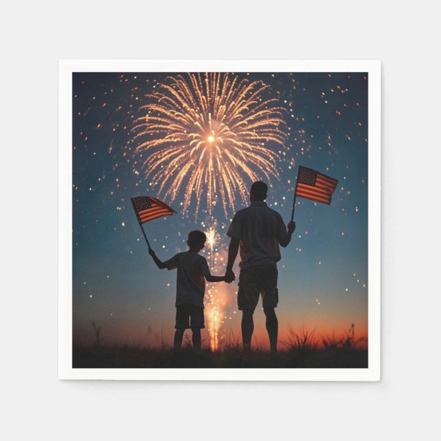 Serviette En Papier Père et fils tenant des drapeaux américains (Devant)