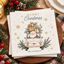 Serviette En Papier Père Noël à l'aquarelle élégante Voiture Neige Fêt