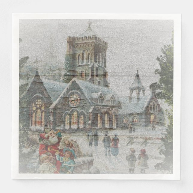 Serviette En Papier Père Noël ancienne avec enfants devant une église (Devant)