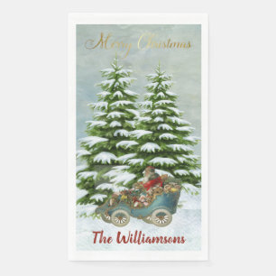 Serviette En Papier Père Noël Cadeaux dans sa voiture Snow Trees Vinta