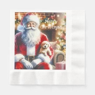 Serviette En Papier Père Noël et un chiot Noël Vintage