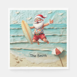 Serviette En Papier PÈRE NOËL fait du Surf sur la Plage de Fond