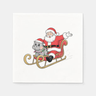 Serviette En Papier Père Noël Riding Sleigh avec Moo Deng Baby Hippo