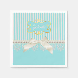Serviette En Papier Perles et dentelle Aqua Stripes Crème Bow avec nom