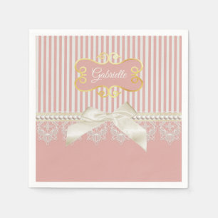 Serviette En Papier Perles et dentelle rose rayures crème Bow et nom