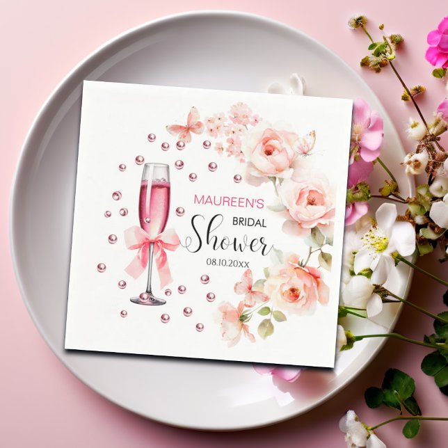 Serviette En Papier Perles et Prosecco Dusty Roses Fête des mariées (Créateur téléchargé)
