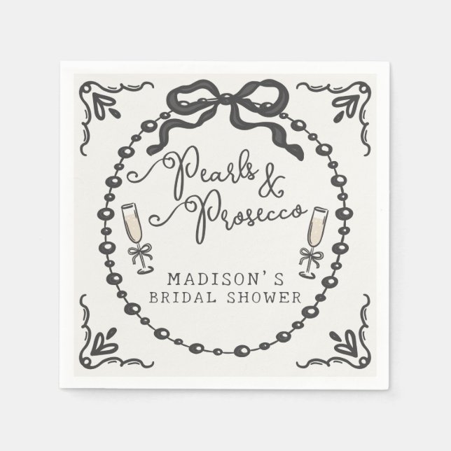 Serviette En Papier Perles & Prosecco Coquette noire à nœud Mariage (Devant)