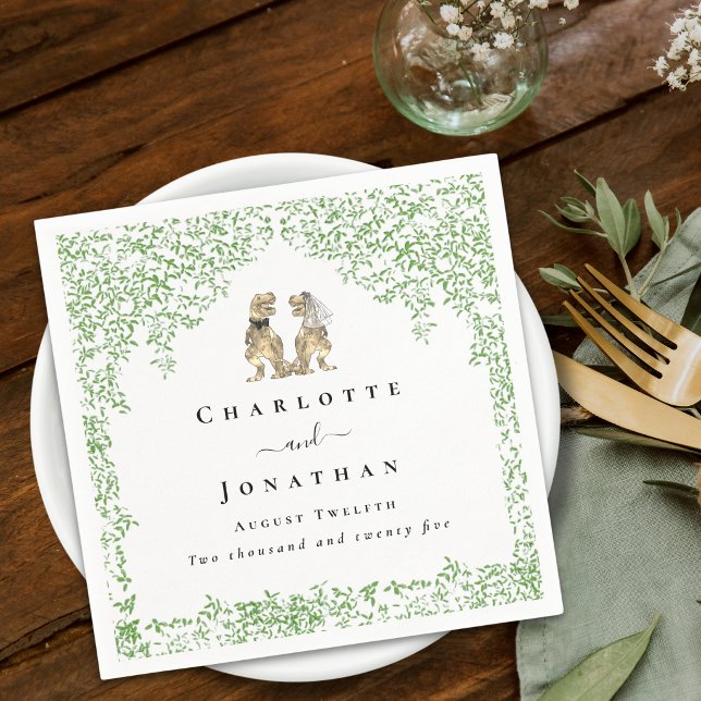 Serviette En Papier Personalized Dinosaur Wedding (Personalized dinosaur T-Rex bride and groom wedding napkins Watercolor Jurassic eucalyptus foliage)