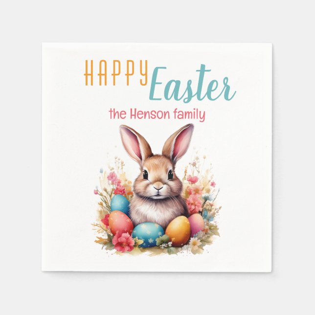 Serviette En Papier Personalized Happy Easter Bunny Eggs Family  (Devant)