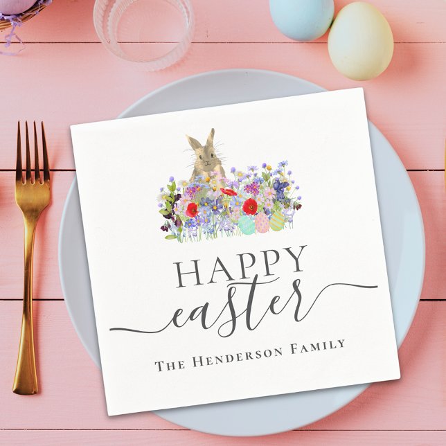 Serviette En Papier Personalized Happy Easter Cute Bunny Wildflower (Personalized happy Easter cute bunny wildflower floral spring party napkin)