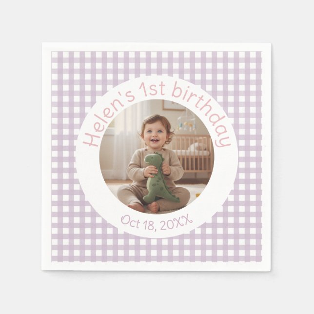 Serviette En Papier Personalized Lavender Gingham Birthday Photo (Devant)