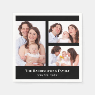 Serviette En Papier Personnalisé 3 sections Famille Photo Collage Blac