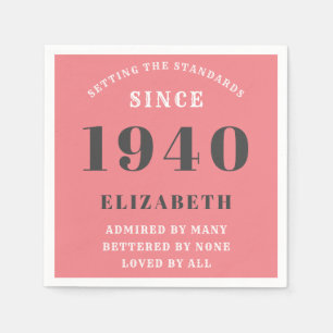 Serviette En Papier Personnalisé Birthday 1940 Pink Grey Ajouter Nom