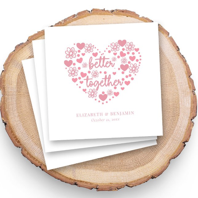 Serviette En Papier Personnalisé Elégant Coeur rose et Mariage de fleu (Elegant Wedding Napkins with Pink Hearts & Flowers)