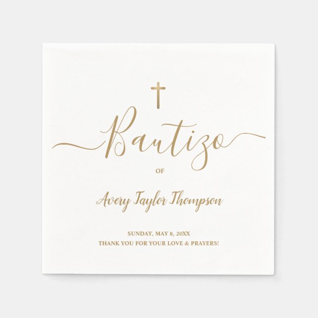 Serviette En Papier Personnalisé Elegant Gold Cross Bautizo espagnol (Devant)