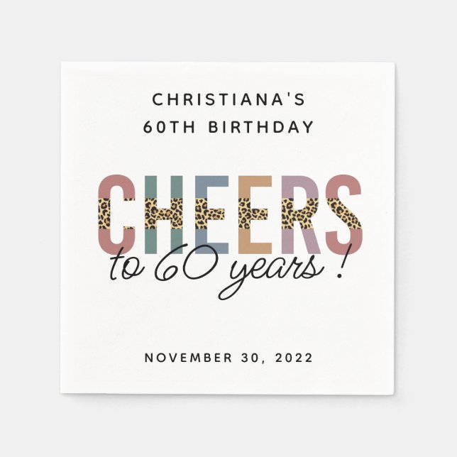 Serviette En Papier Personnalisé Moderne 60e Anniversaire Leopard Typo (Devant)