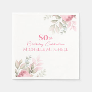 Serviette En Papier Personnalisé moderne 80e anniversaire rose floral