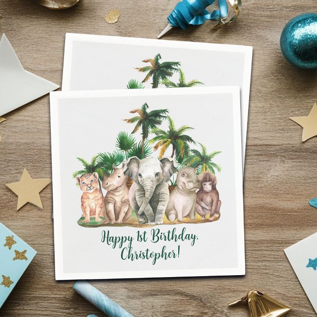 Serviette En Papier Personnalisé Nom Safari Animaux Palm Trees Anniver (Créateur téléchargé)