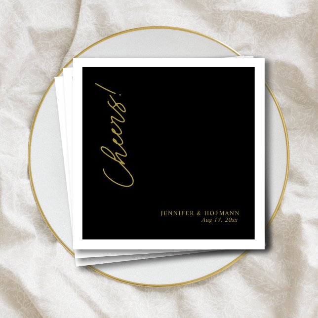 Serviette En Papier Personnalisé Or moderne "Bravo!" Mariage noir (Personalized Modern Gold _Cheers!_ Black Wedding  Napkins)