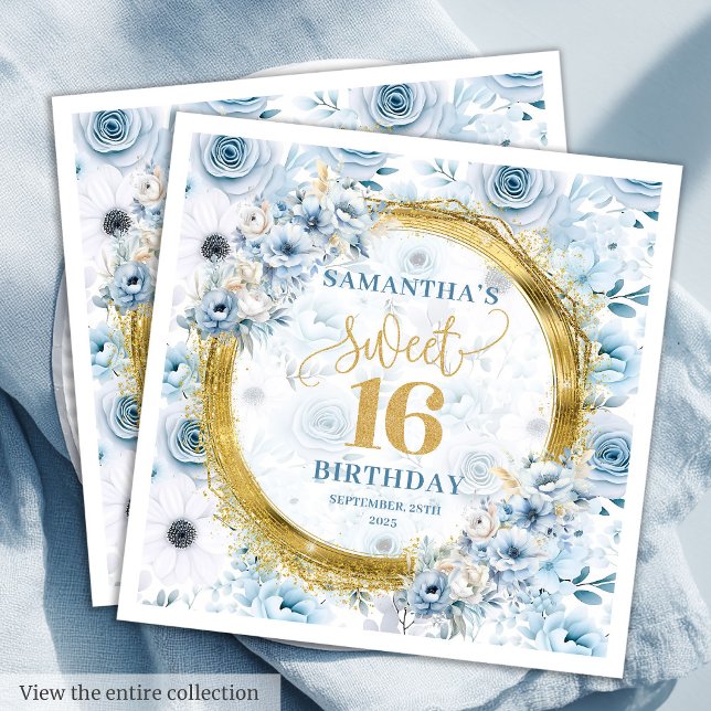 Serviette En Papier Personnalisé Pastel Blue Sweet 16 Parties scintill (Custom Pastel Blue Sweet 16 Gold Glitter Napkins)