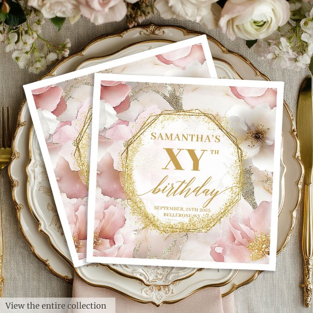 Serviette En Papier Personnalisé rose floral Anniversaire serviettes O (Personalized Pink Floral Birthday Napkins Gold)