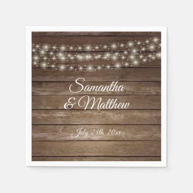 Serviette En Papier Personnalisé Rustic Country Wood Lights Mariage (Devant)