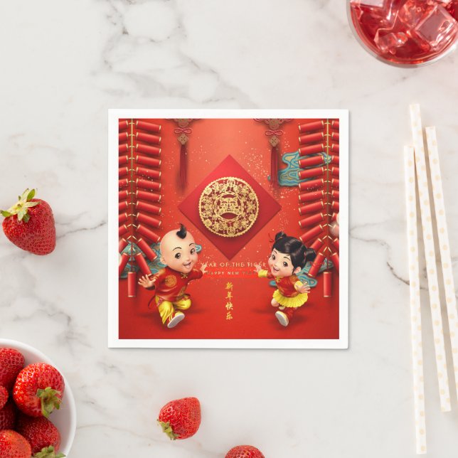 Serviette En Papier Pétards chinois traditionnels Année de tigre PN06 (En situation)