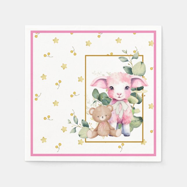 Serviette En Papier Petit agneau | Baby shower rose Napkin (Devant)