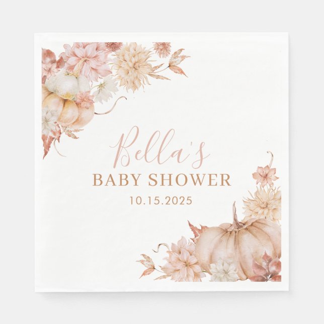 Serviette En Papier Petit Baby shower Citrouille Automne Rose Floral (Devant)