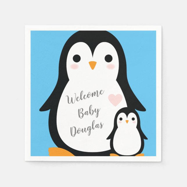 Serviette En Papier Petit Baby shower de pingouin bleu garçon (Devant)