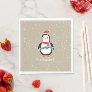 Serviette En Papier Petit pingouin de Noël mignon "Joyeux Noël"