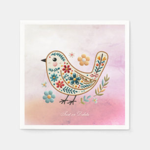 Serviette En Papier Petite Broderie Florale d'oiseaux serviettes roses