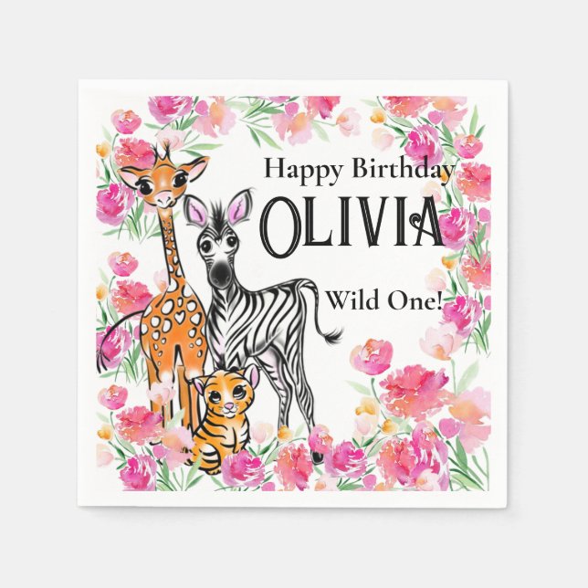 Serviette En Papier Petite fille amis Safari, girafe, zèbre, tigre (Devant)