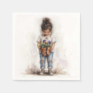 Serviette En Papier Petite Fille avec des Pensées dans un Pot Cassé