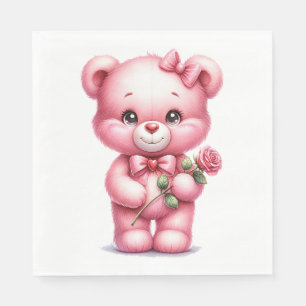 SERVIETTE EN PAPIER PETITE FILLE DE BÉBÉ ROSE OURS DE TEDDY AVEC ROSE