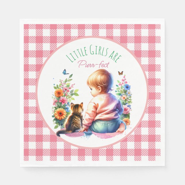 Serviette En Papier Petite fille et chaton | Baby shower aquarelle (Devant)