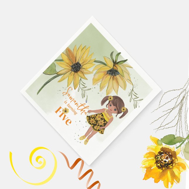 Serviette En Papier Petite Tournesol Aquarelle Cinquième Fille Anniver (Little Sunflower Watercolor Fifth Girl Birthday Napkins)