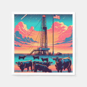 Serviette En Papier Pétrole à gaz à Sunset Cattle et drapeau américain