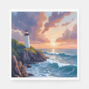 Serviette En Papier Phare côtier au coucher du soleil Peinture de pl