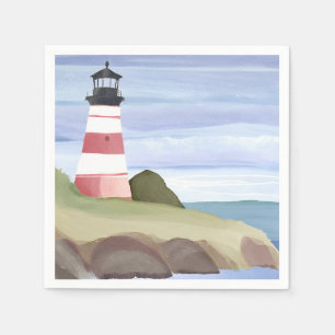 Serviette En Papier Phare rouge Peinture à l'aquarelle de l'océan cô