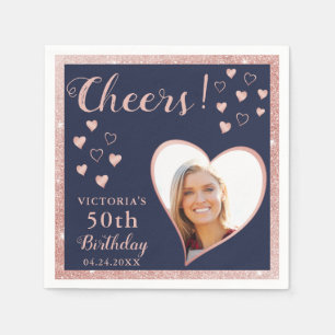 Serviette En Papier Photo 50th Birthday Marine Bleu et Rose or bravo