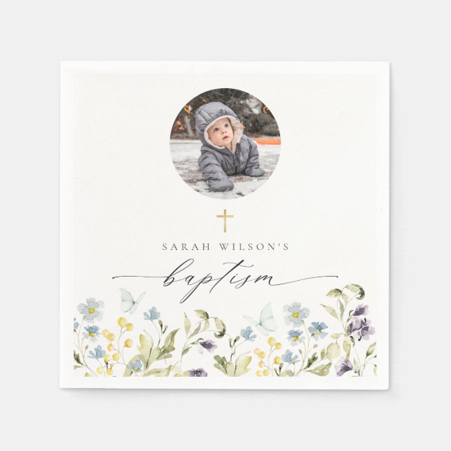 Serviette En Papier Photo Baptême de Papillon floral de la prairie ble (Devant)