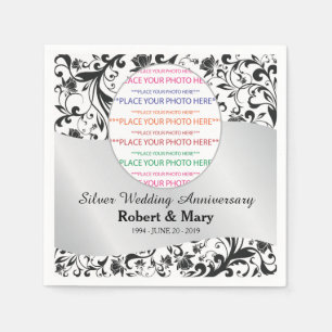 Serviette En Papier Photo de l'anniversaire du Mariage Black Swirl & S