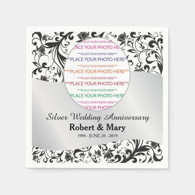 Serviette En Papier Photo de l'anniversaire du Mariage Black Swirl & S (Devant)