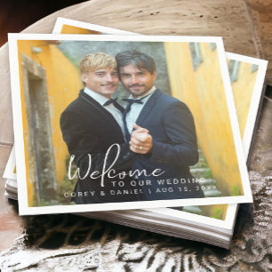 Serviette En Papier Photo de mariage gay avec deux mariés
