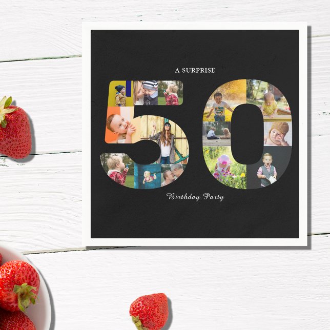 Serviette En Papier Photo du 50e anniversaire de la fête Collage noir  (50th birthday photo collage template napkin in black and white.)