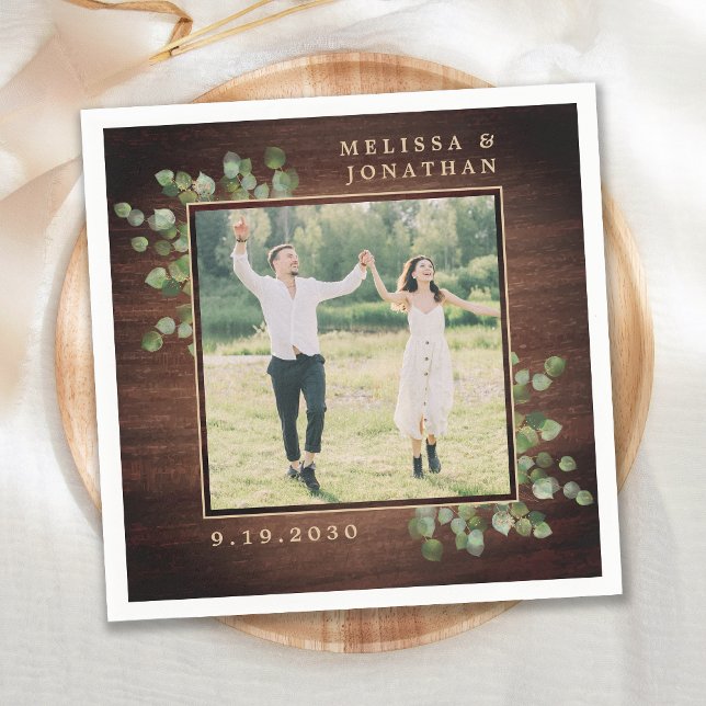 Serviette En Papier Photo Mariage personnalisée Rustic Wood Greenery (Créateur téléchargé)