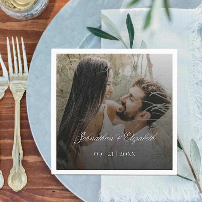 Serviette En Papier Photo moderne avec Mariage de recouvrement noir (Modern Photo and Black Overlay Wedding Napkins)