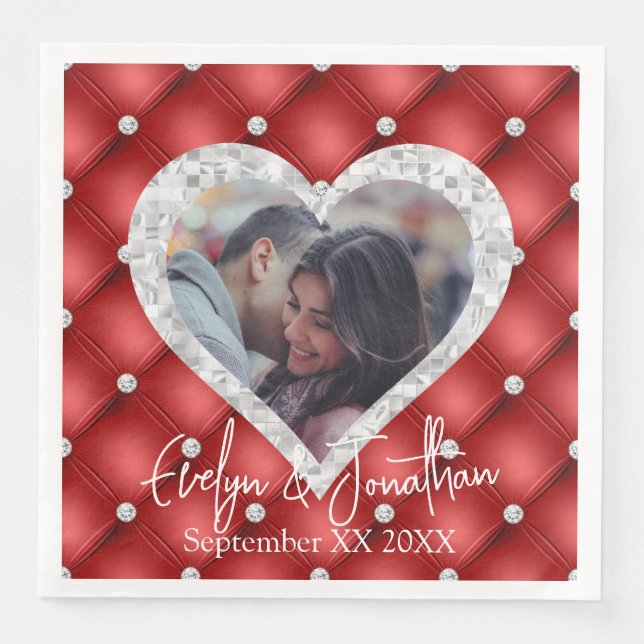 Serviette En Papier Photo personnalisée Diamants rouges et cadre coeur (Devant)