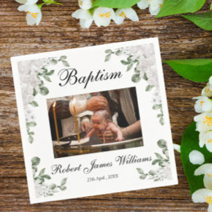 Serviette En Papier Photo personnalisée Fleurs blanches Christening Ba